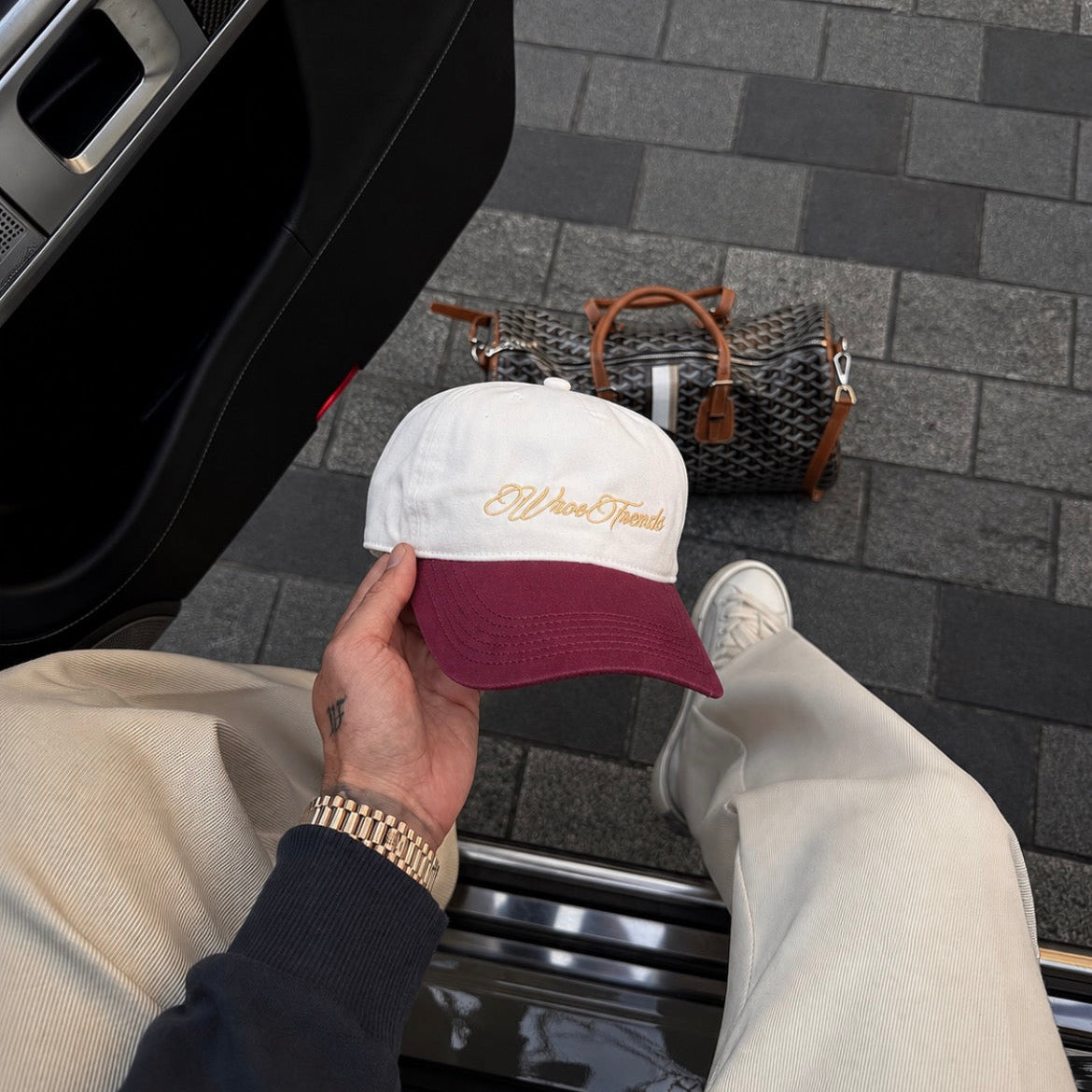 Cream and Burgundy Signature Two Tone Cap by WroeTrends
