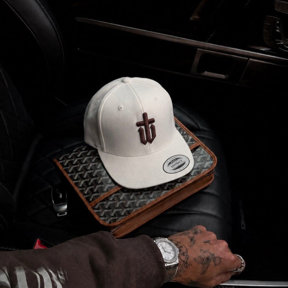 Off White Origins Flat Peak Cap with brown details by WroeTrends