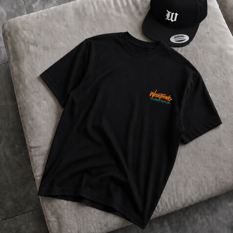 Black Certified by Style Tee with orange and teal print by WroeTrends, alternate view