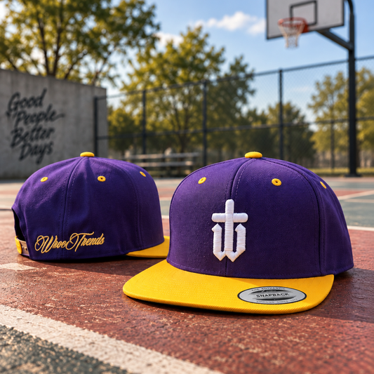 WroeTrends Origins Courtside purple and gold embroidered WT snapback cap
